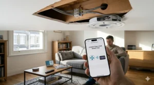 A technical view of a wifi ceiling fan installation, showing the internal UK mains wiring and the smartphone sync process.