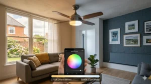 Illustration showing the transition between warm white and cool white ambient lighting modes on a smart ceiling fan.