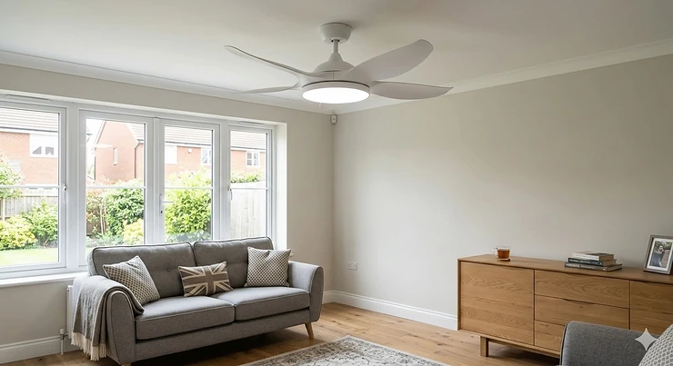 Modern low ceiling fan with integrated LED light installed in a contemporary UK living room with a standard 2.4-metre ceiling height. low ceiling fan with integrated led light