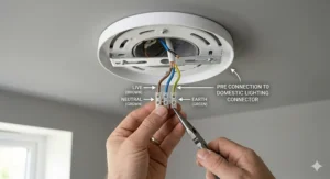 Detail of the mounting bracket for a low ceiling fan with integrated LED light designed for standard UK wiring and ceiling rose positions.