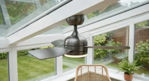 A compact, low-profile conservatory ceiling fan with light ideal for smaller lean-to style conservatories with lower ceilings.