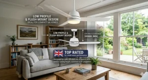 A flush-mount ceiling fan with light kit showing minimum clearance dimensions for UK homes with low ceilings.