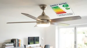 A photorealistic comparison infographic showing the high lumen output of the brightest ceiling fan with light versus standard UK domestic light fittings like bayonet and Edison screw bulbs.