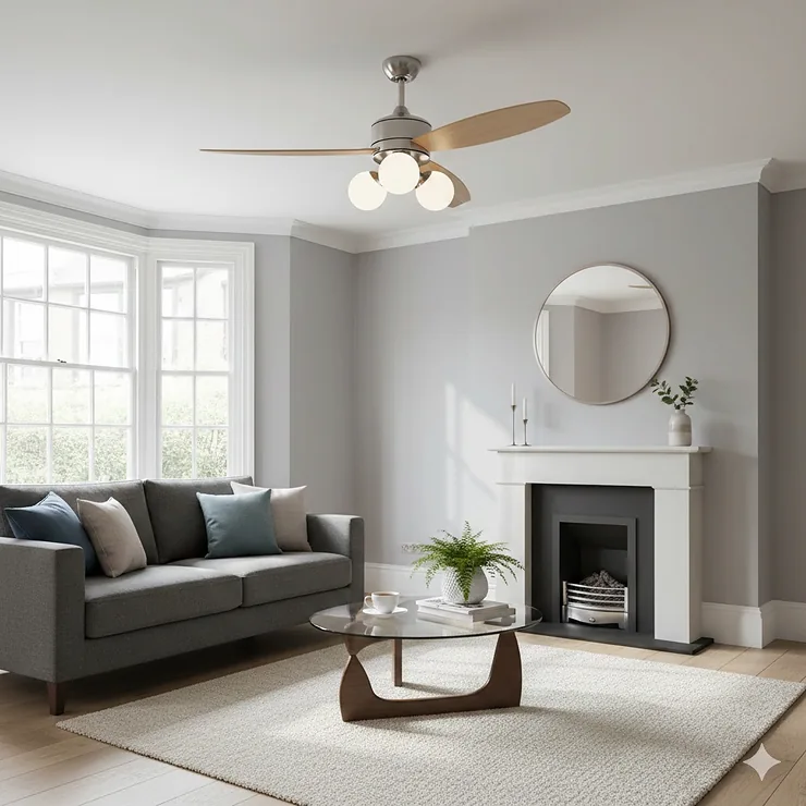 A stylish, modern 3-light ceiling fan installed in a contemporary British living room, providing overhead illumination and air circulation. 3 light ceiling fan