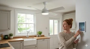 A modern matte white ceiling fan with integrated dimmable LED lighting, controlled via a smart wall-mounted tablet in a British kitchen-diner.