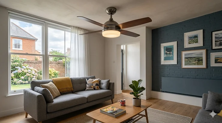 A contemporary brushed chrome ceiling fan with integrated ambient LED lighting installed in a neutral-toned UK lounge. ceiling fan with ambient lighting