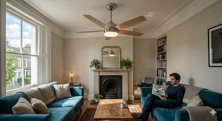 A modern chrome ceiling fan with integrated LED light installed in a contemporary British living room. ceiling fan with light