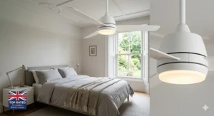 A sleek white 3-blade ceiling fan with dimmable LED light installed in a contemporary British master bedroom.