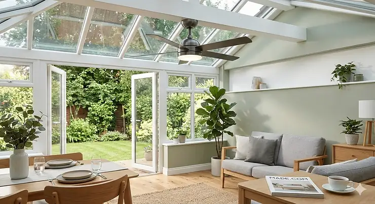 A sleek modern conservatory ceiling fan with light installed in a bright, glass-roofed sunroom with wicker furniture. conservatory ceiling fan with light