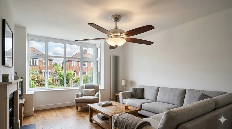 A contemporary brushed chrome uplighter ceiling fan installed in a bright UK living room with neutral decor. uplighter ceiling fan uk