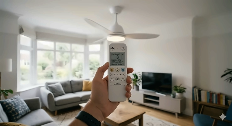 A sleek white LED ceiling fan with remote control installed in a bright, modern British lounge with a large bay window and contemporary furniture. led ceiling fan with remote control