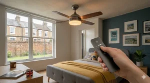 A silent-running ceiling fan with soft ambient glow positioned above a double bed in a modern British bedroom.