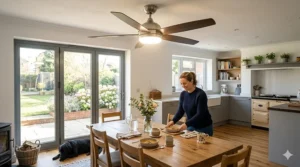 A technical comparison infographic highlighting the benefits of a quiet and efficient DC motor versus a traditional AC motor for use in a bright bedroom ceiling fan.