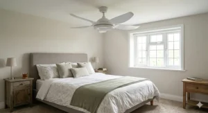 A sleek white low ceiling fan with integrated LED light used in a master bedroom, ideal for lower cottage ceilings.