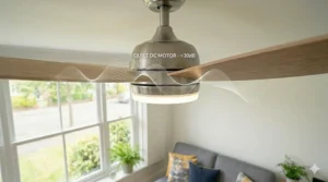 Visual representation of a quiet DC motor ceiling fan with light, operating at less than 30dB for bedroom use.