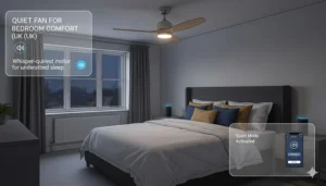 An illustration of a whisper-quiet smart ceiling fan with light installed above a bed, emphasising peaceful operation in a UK home.