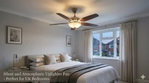 A silent-running ceiling fan with integrated uplighter providing a soft, atmospheric glow in a primary bedroom.