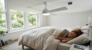 A low-noise wifi ceiling fan installed in a peaceful British bedroom, featuring a digital decibel meter showing quiet operation for sleeping.