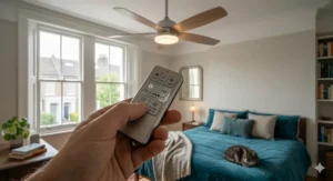 Close-up of a handheld remote control used to adjust speed and brightness on a ceiling fan with light.
