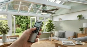 A hand holding a remote control to adjust the speed and dim the light of a brushed chrome conservatory ceiling fan.