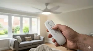 Handheld remote controlling the dimmable integrated LED light and fan speed of a low-profile ceiling fan.