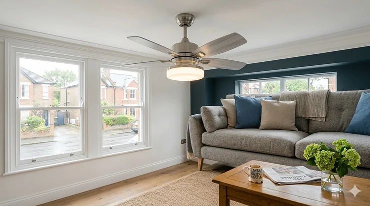 A modern brushed chrome ceiling fan with an integrated LED replacement light kit installed in a contemporary British living room with natural light and sash windows. replacement light kit for ceiling fan