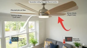 Infographic showing summer and winter modes on a ceiling fan to circulate warm air during the British winter.