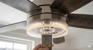 Close-up of the reversible motor switch on a ceiling fan with light for summer and winter use.