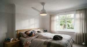 Diagram explaining the summer and winter reverse function of an LED ceiling fan to improve heat circulation in British homes.