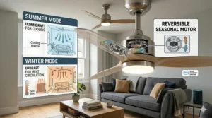 A diagram illustrating how the reversible motor provides cooling in British summers and recirculates warm air during winter.