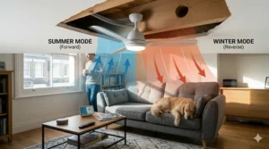 A diagram showing the summer and winter airflow modes of a reversible wifi ceiling fan inside a cosy British living room.