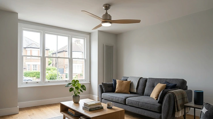 A high-resolution photograph of a modern smart ceiling fan with Alexa compatible light, installed in a bright, contemporary British living room with large windows. smart ceiling fan with alexa compatible light