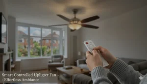 A person using a handheld remote to adjust the settings for an uplighter ceiling fan in a modern British flat.