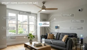 An infographic illustrating the smart ceiling fan’s role as part of a wider UK smart home ecosystem connected via Alexa.