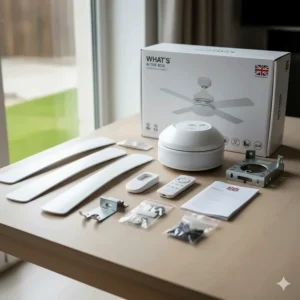 Illustration of an LED ceiling fan being operated via a smartphone app alongside its dedicated remote control handset.