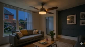 Close-up detail of dark timber blades and the frosted glass diffuser of an ambient light ceiling fan.