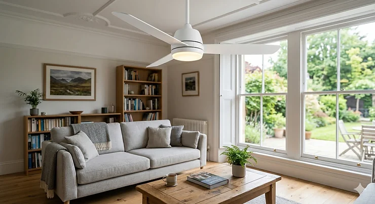 A top rated ceiling fan with integrated LED lights installed in a modern British living room with neutral decor and sash windows. top rated ceiling fans with lights