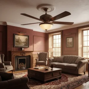 A classic dark wood 5-blade ceiling fan featuring an ornate glass uplighter bowl, suitable for traditional British interiors.