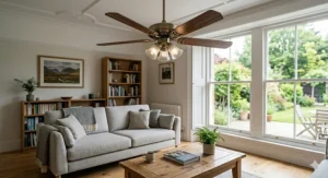A traditional timber-blade ceiling fan with an antique brass light fitting, ideal for period-style British properties.