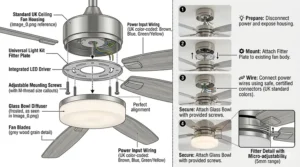 Technical exploded-view diagram of a universal light kit fitter being attached to a standard UK ceiling fan housing with annotated components.