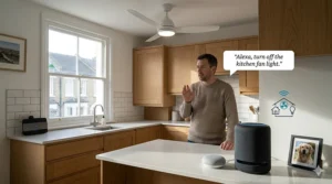 A man in a modern British kitchen using a smart speaker to control a wifi ceiling fan with voice commands.