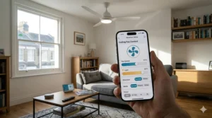 A close-up of a smartphone displaying a mobile app interface for wifi ceiling fans, showing fan speed and light settings in a bright UK home.