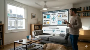 An infographic displayed on a screen showing wifi ceiling fans integrated with Alexa, Google Home, and Apple HomeKit smart systems.