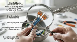 Close-up photograph of a professional installing brown and blue wires into a Wago lever connector, complying with UK BS 7671 wiring standards.