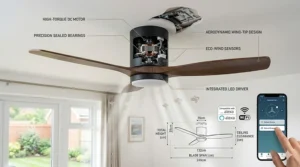 An illustration showing the correct installation height in centimetres for an Alexa ceiling fan to ensure safety and optimal airflow.