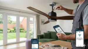 A step-by-step illustration of connecting a smart ceiling fan to a UK home WiFi network and the Alexa app.