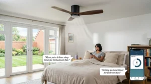 A quiet Alexa-controlled ceiling fan in a master bedroom with a visual representation of a scheduled sleep timer.