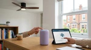 An illustration of a user using a smart speaker to adjust the speed of an Alexa ceiling fan in a home office.