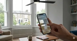 A close-up of a person using the Apple Home app on an iPhone to adjust the speed settings of a smart HomeKit ceiling fan in a UK residential setting.