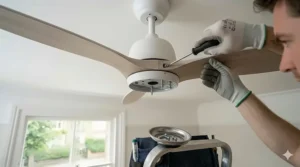 A person wearing utility gloves attaching timber-effect fan blades to the matte white motor housing of a ceiling fan.